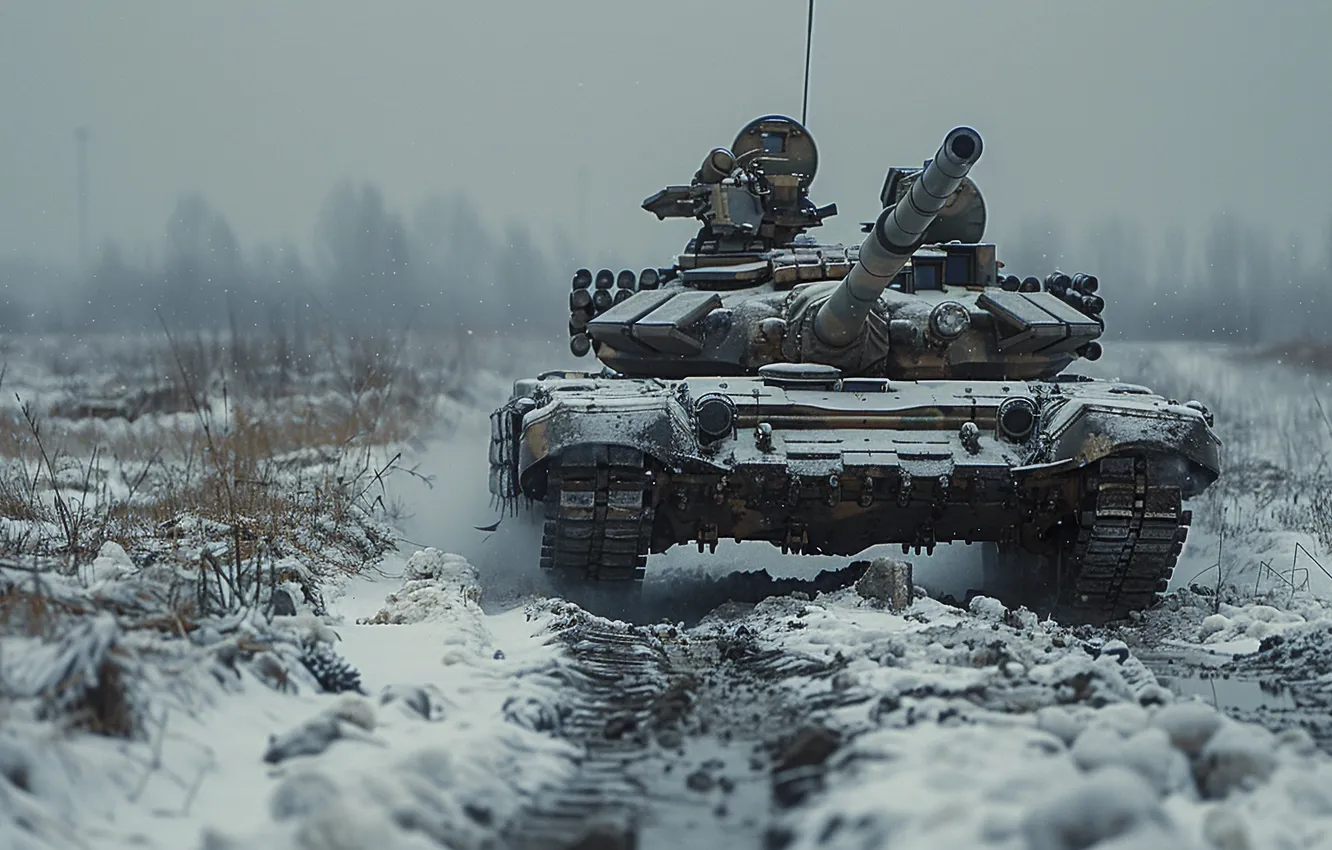 Photo wallpaper winter, road, grass, snow, trees, tank, front, digital art