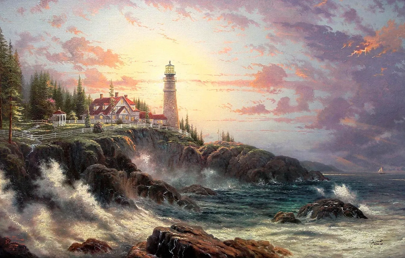 Photo wallpaper wave, shore, lighthouse, house, thomas kinkade