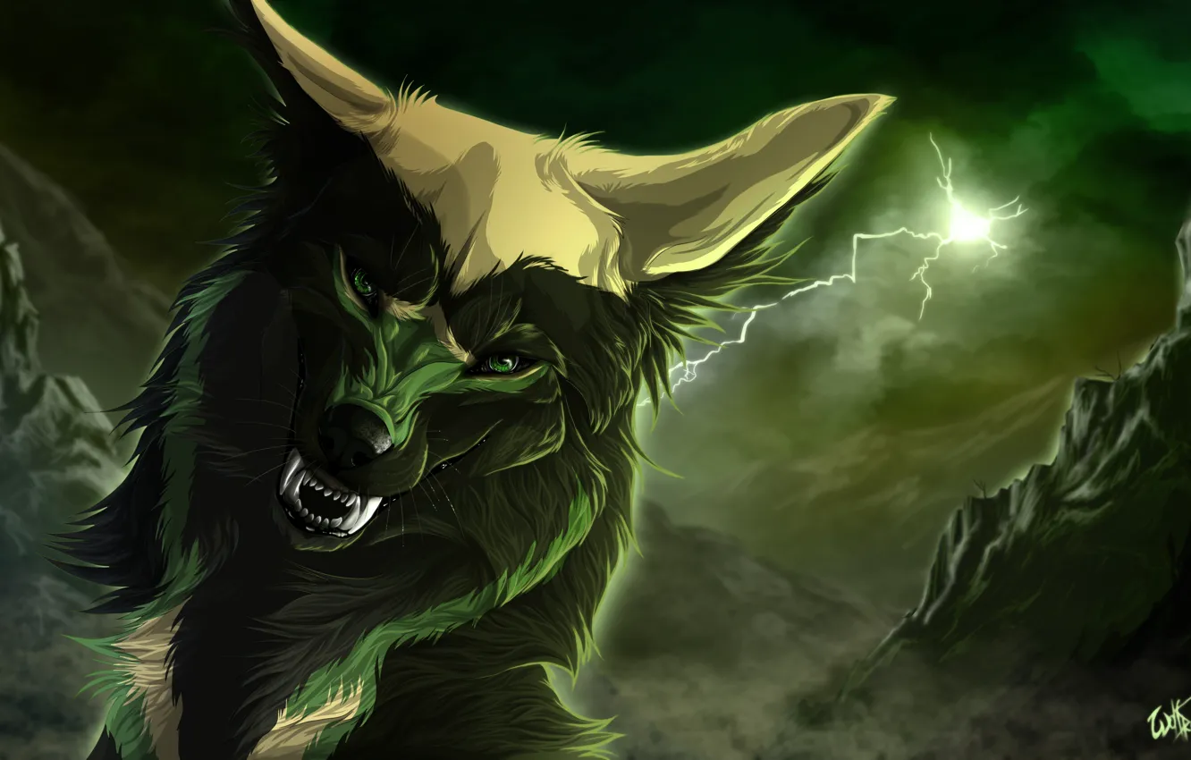 Photo wallpaper background, lightning, wolf, roar