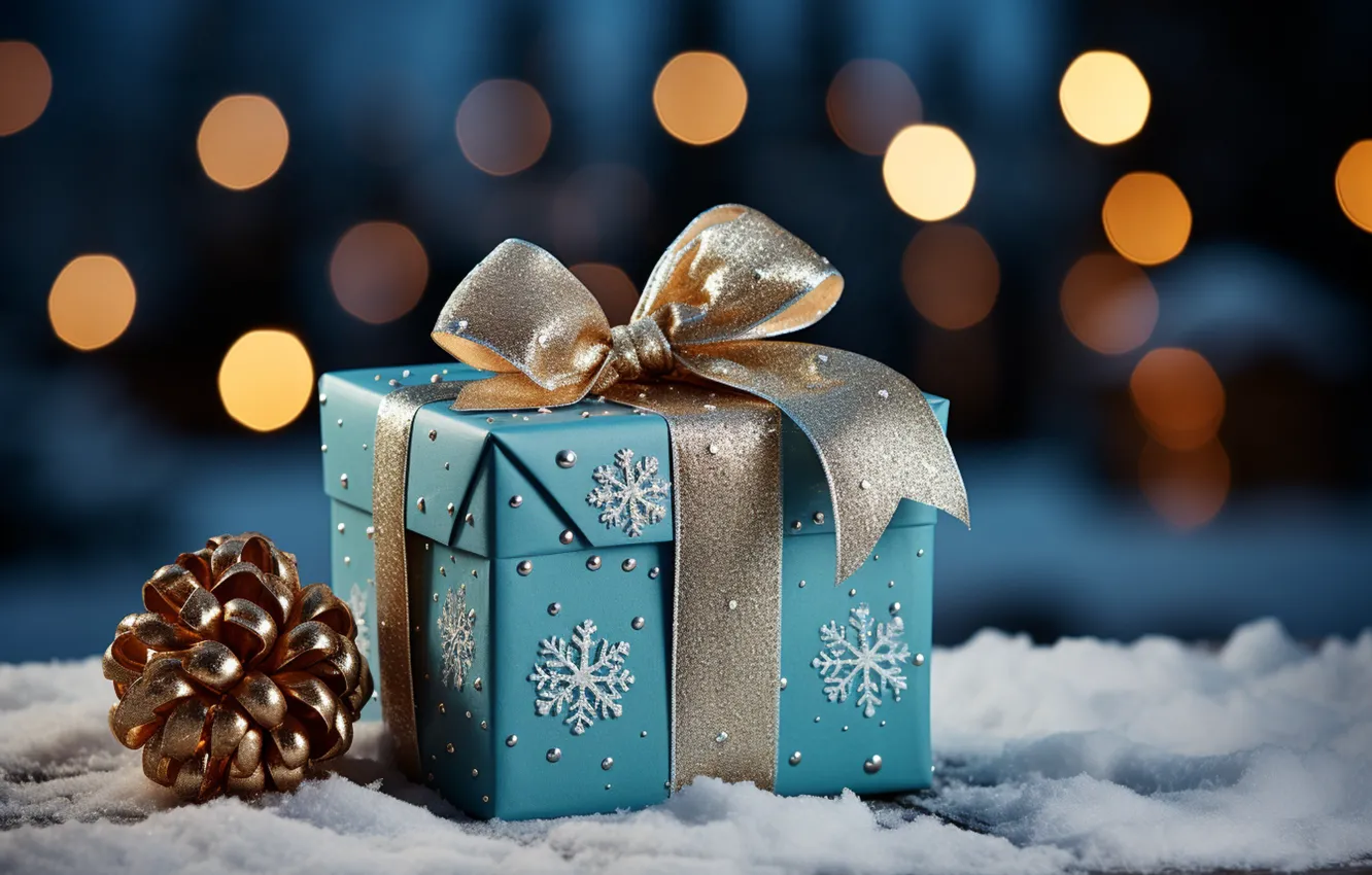 Photo wallpaper winter, snow, decoration, snowflakes, gift, balls, new year, Christmas