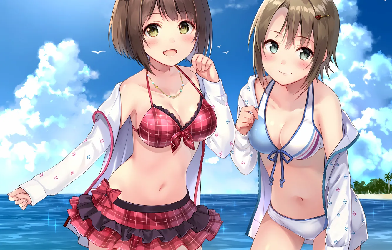 Photo wallpaper sexy, cleavage, beach, sky, sea, girls, brown hair, boobs