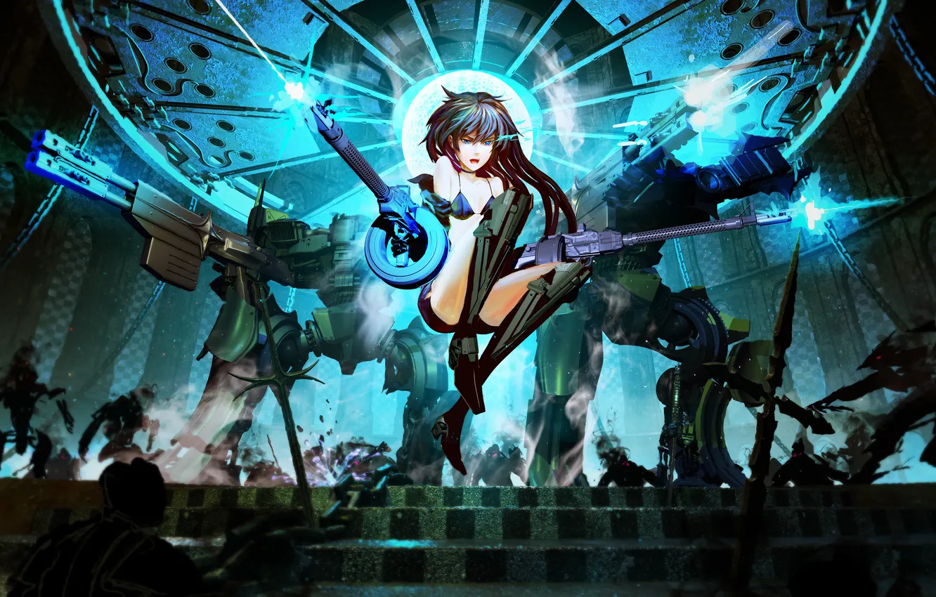 Photo wallpaper weapons, art, fur, battle, rifle, black rock shooter, catch the worm, arsenixc