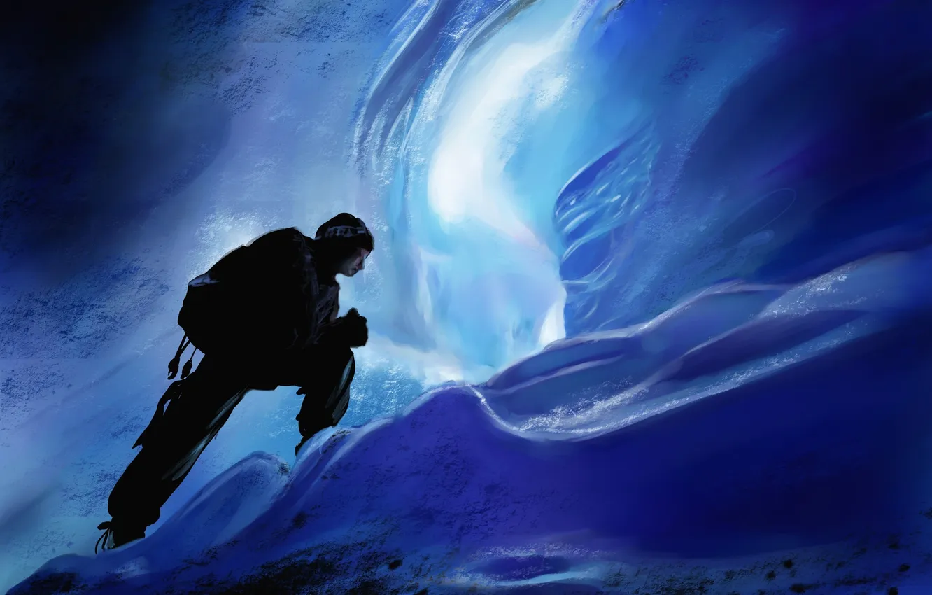 Photo wallpaper cold, ice, art, ice, cave, climber, guy