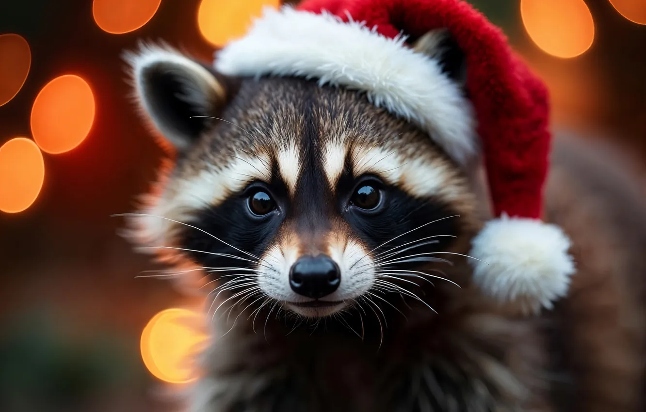 Photo wallpaper new year, Christmas, raccoon, Christmas, bokeh, cute, Santa hat, raccoon