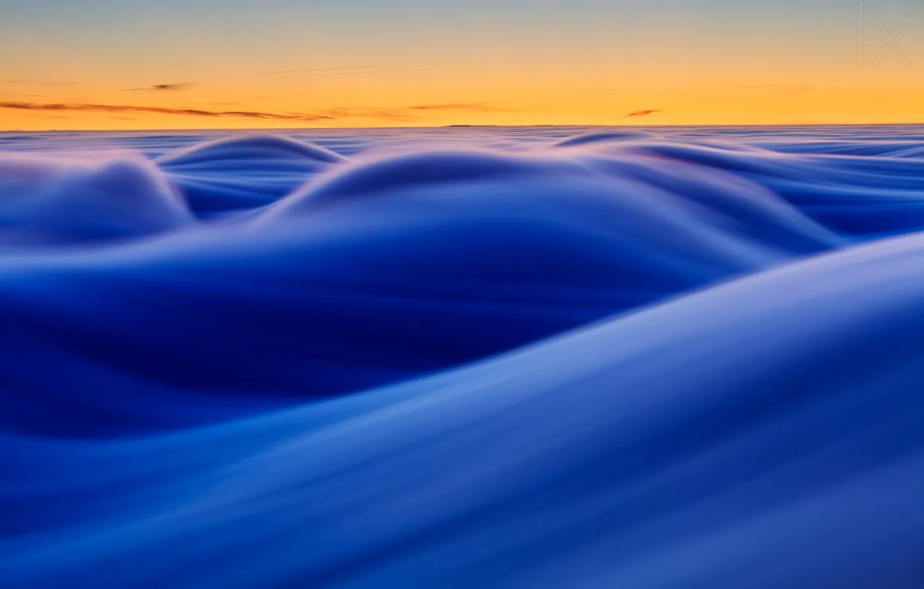 Photo wallpaper sea, wave, the sky, clouds, landscape, blue, yellow, sunrise