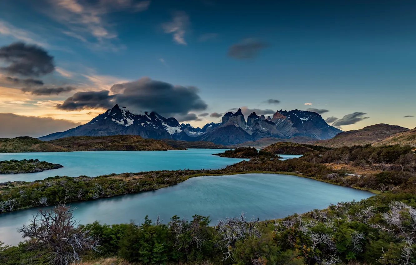Photo wallpaper the sky, clouds, mountains, lake, blue, blue, shore, vegetation