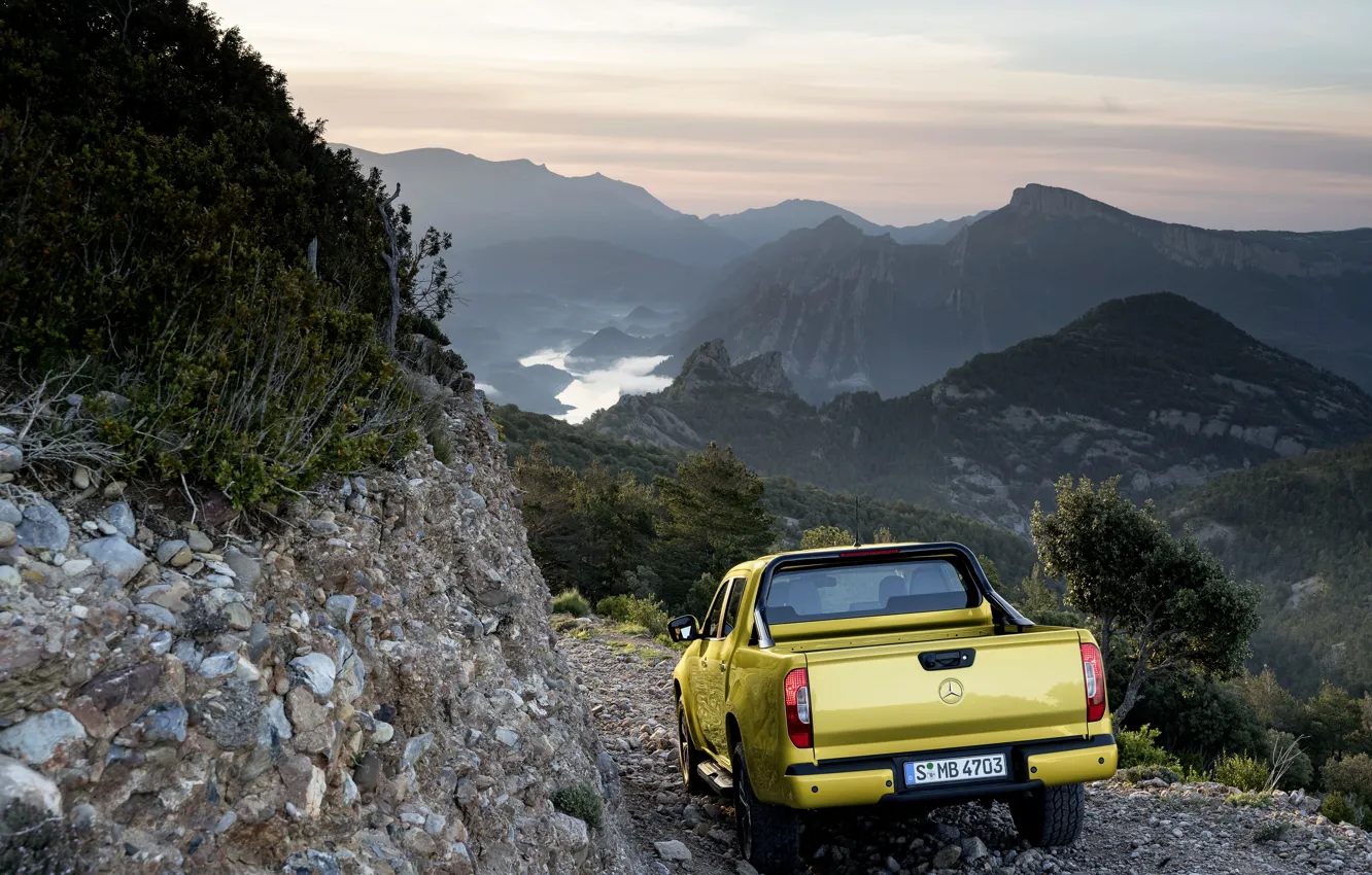 Photo wallpaper landscape, mountains, yellow, vegetation, Mercedes-Benz, pickup, feed, 2017