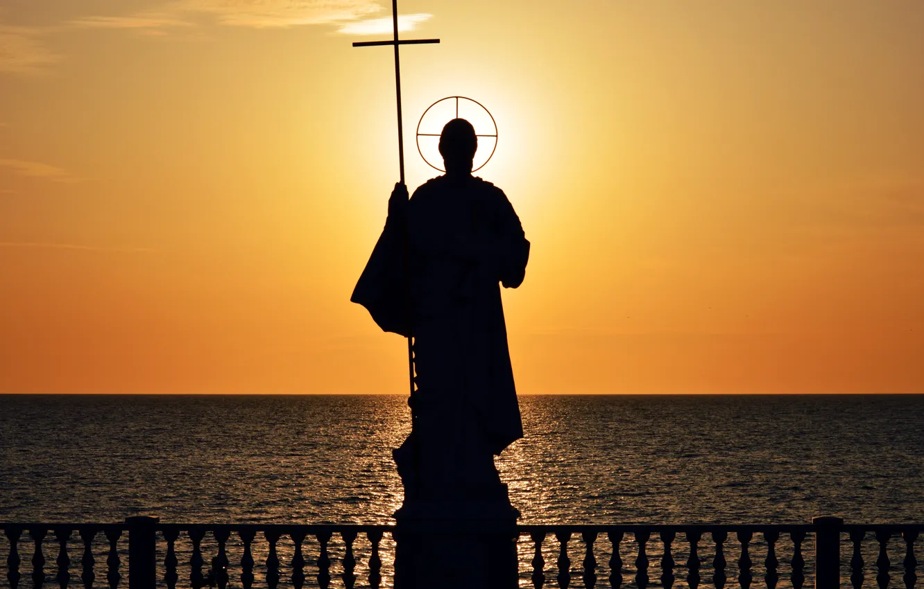 Photo wallpaper sea, sunset, statue