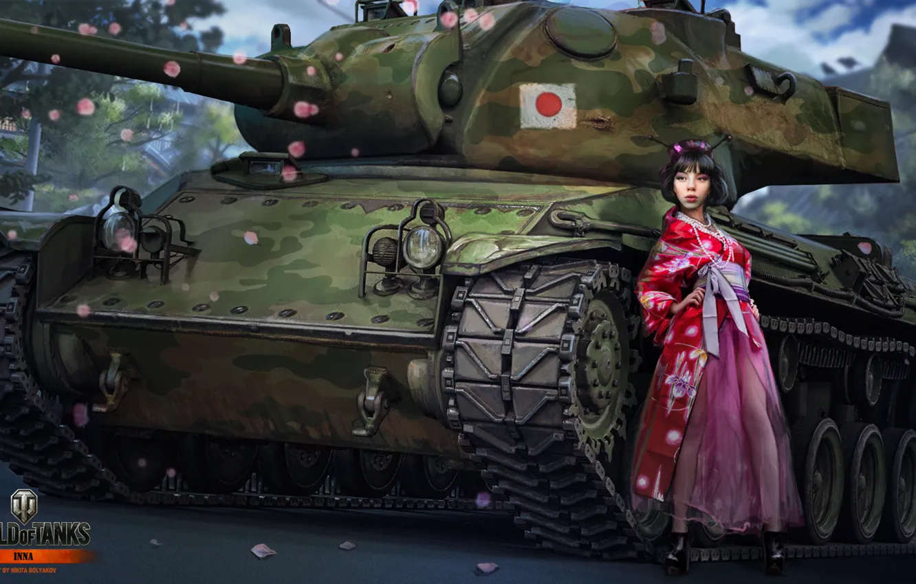 Photo wallpaper girl, Japan, geisha, tank, girl, tanks, WoT, World of tanks
