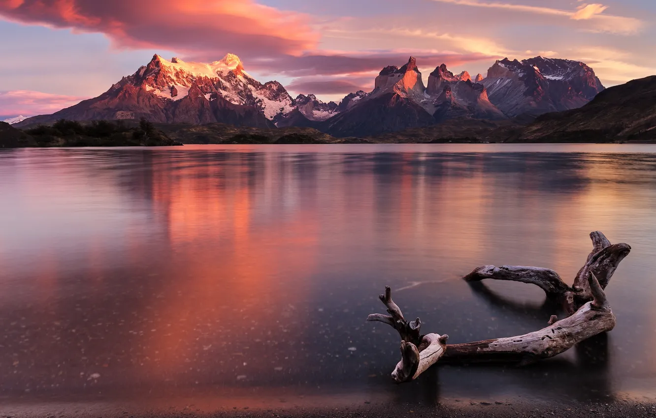 Photo wallpaper landscape, sunset, mountains, reflection, the evening, snag, pond, Andes