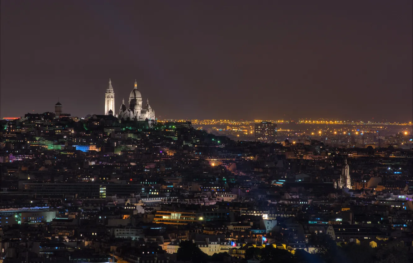 Photo wallpaper night, lights, France, Paris, panorama, Basilica, Sacre Coeur, Montmartre