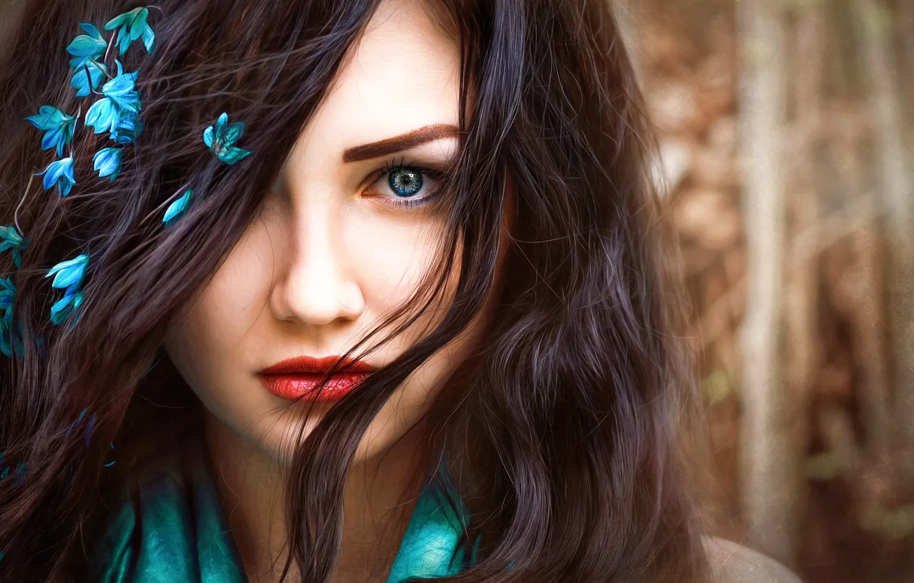 Photo wallpaper hair, flowers, portrait, makeup