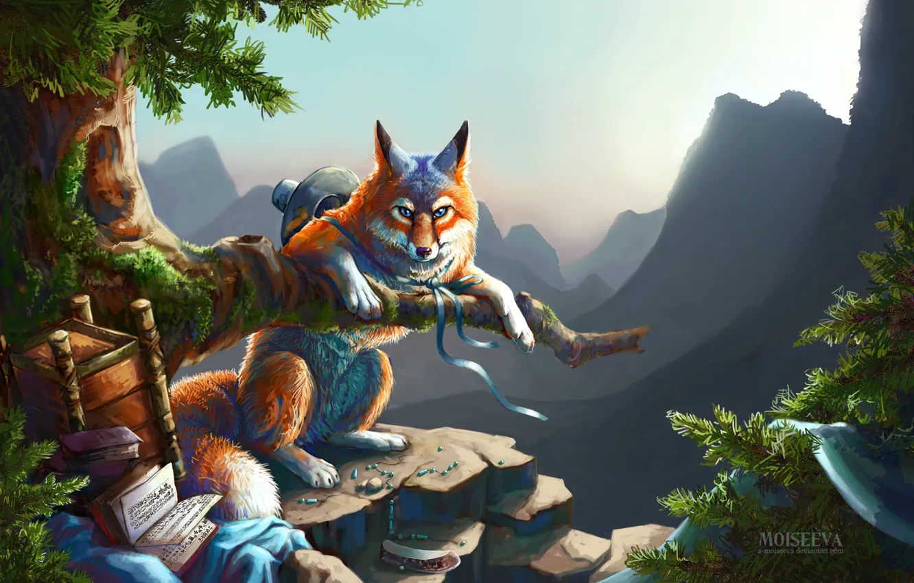 Photo wallpaper summer, the sky, light, trees, mountains, canvas, rocks, branch