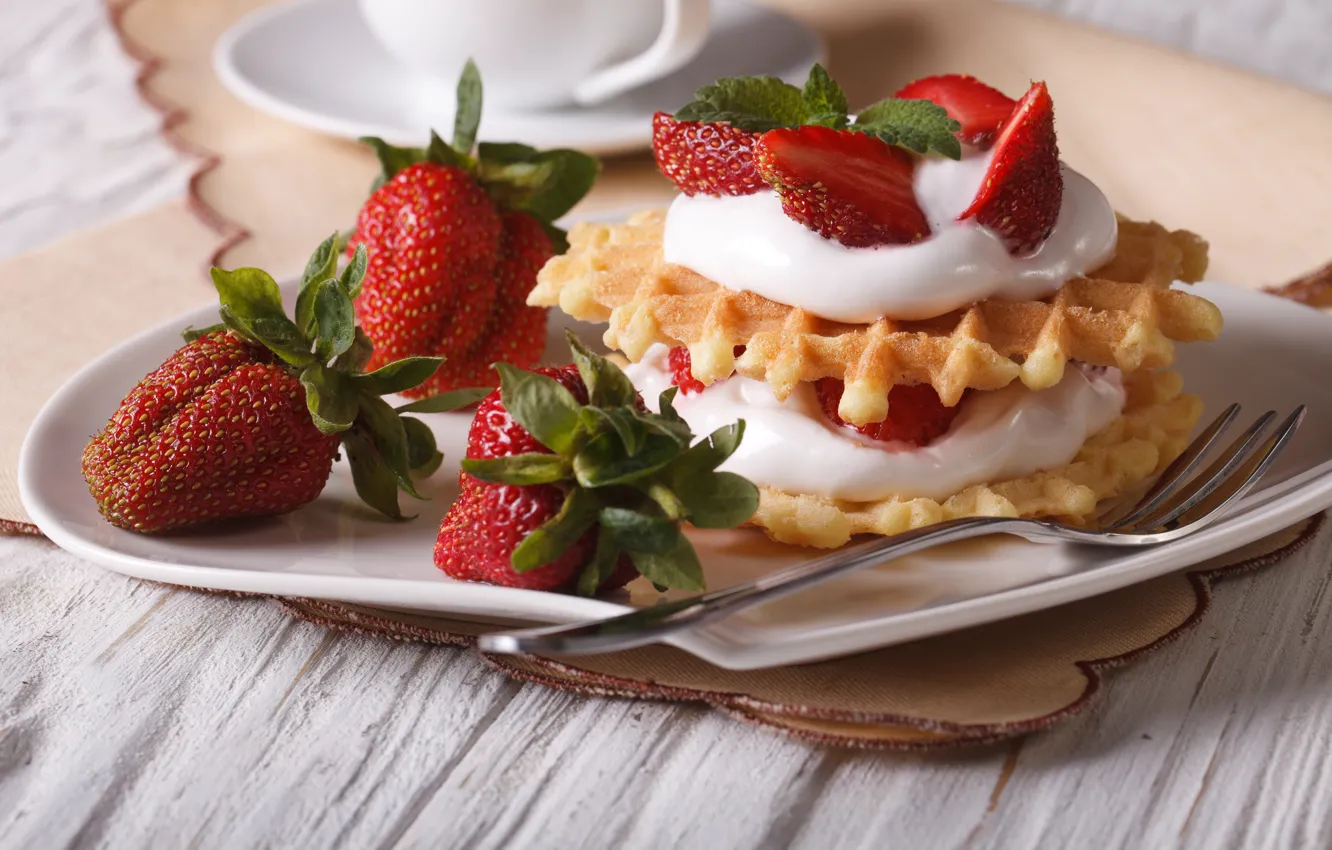 Photo wallpaper berries, strawberry, cake, cream, dessert, waffles, sweet, strawberry