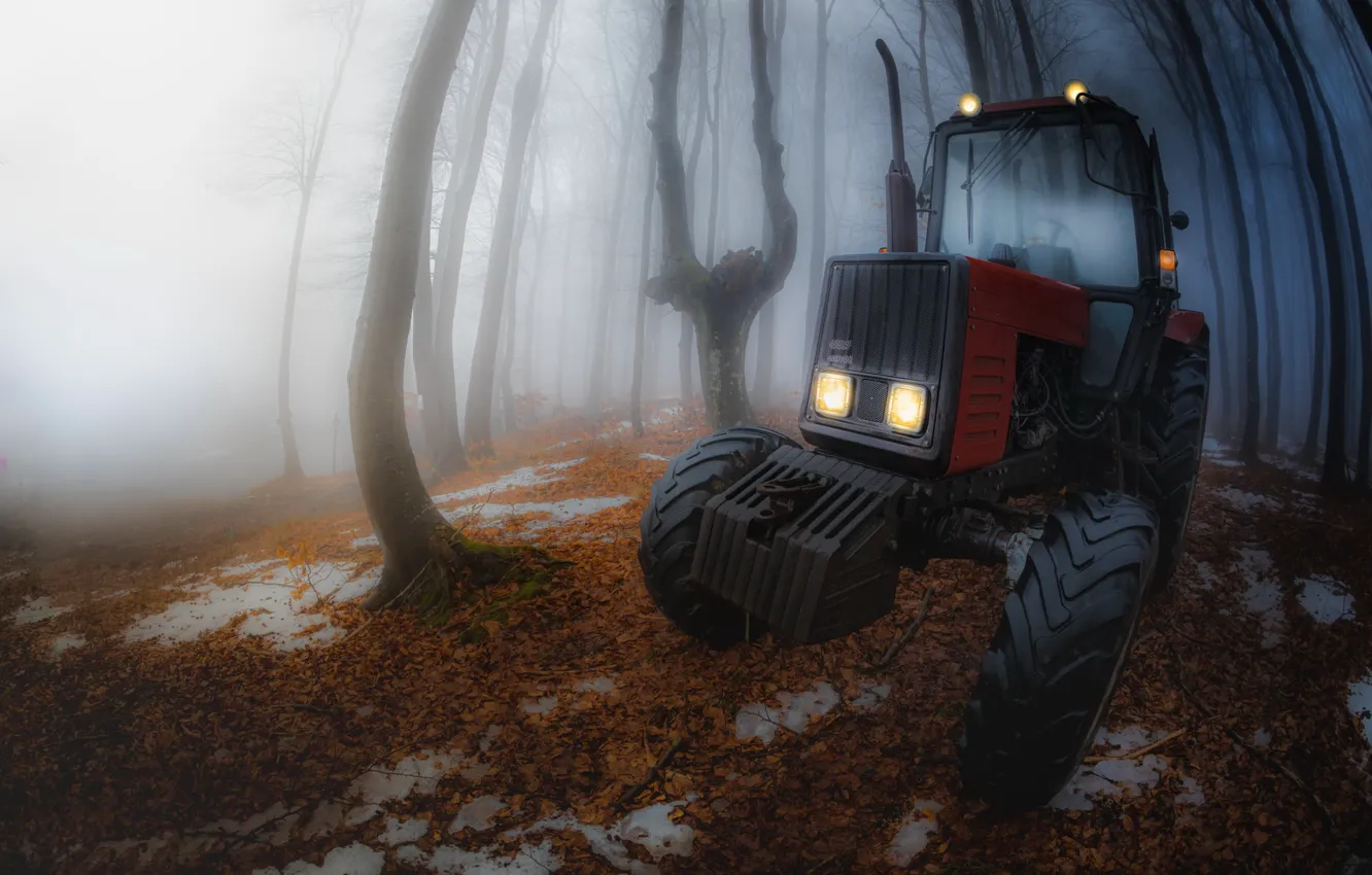 Photo wallpaper nature, fog, tractor