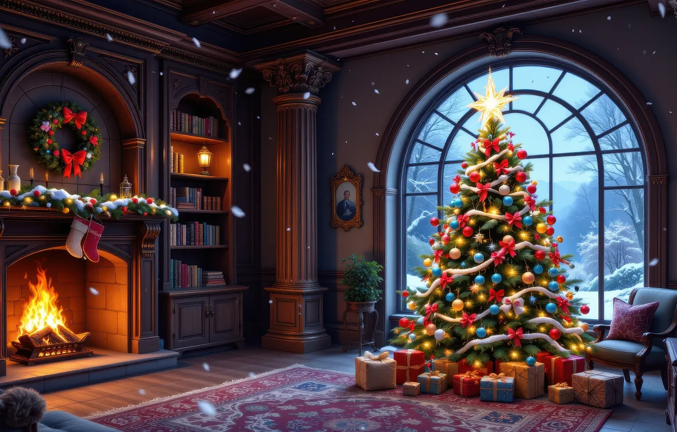 Photo wallpaper winter, balls, snow, room, carpet, furniture, new year, interior