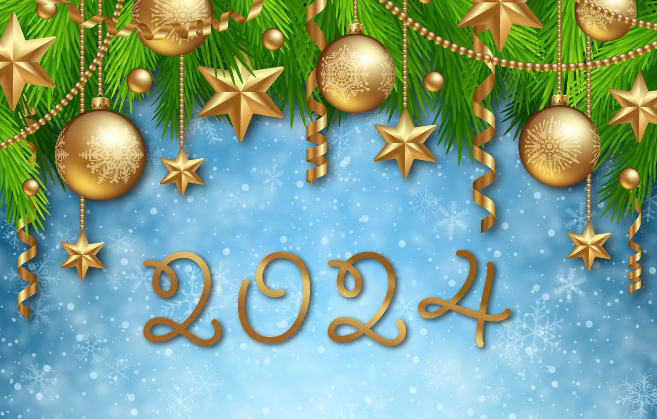 Photo wallpaper winter, snow, snowflakes, gold, new year, figures, golden, Christmas