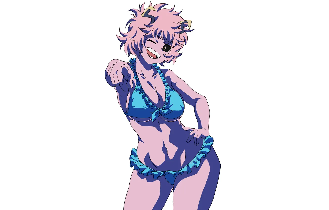 Photo wallpaper girl, sexy, cleavage, pink hair, horns, boobs, sexy girl, anime