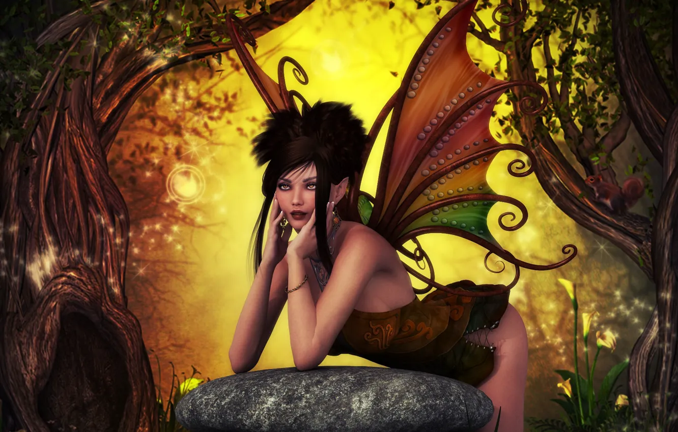 Photo wallpaper forest, girl, stone, wings, fairy, fantasy, protein, art