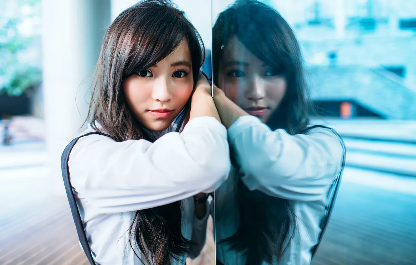 Photo wallpaper eyes, glass, face, reflection, Asian