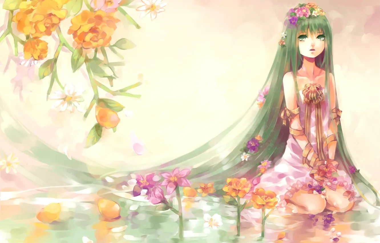 Photo wallpaper water, girl, flowers, figure, tape, vocaloid, hatsune miku, bow