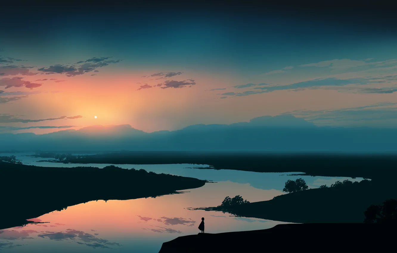 Photo wallpaper the sky, sunset, nature, river, girl, twilight, postapokalipsis, by Gracile