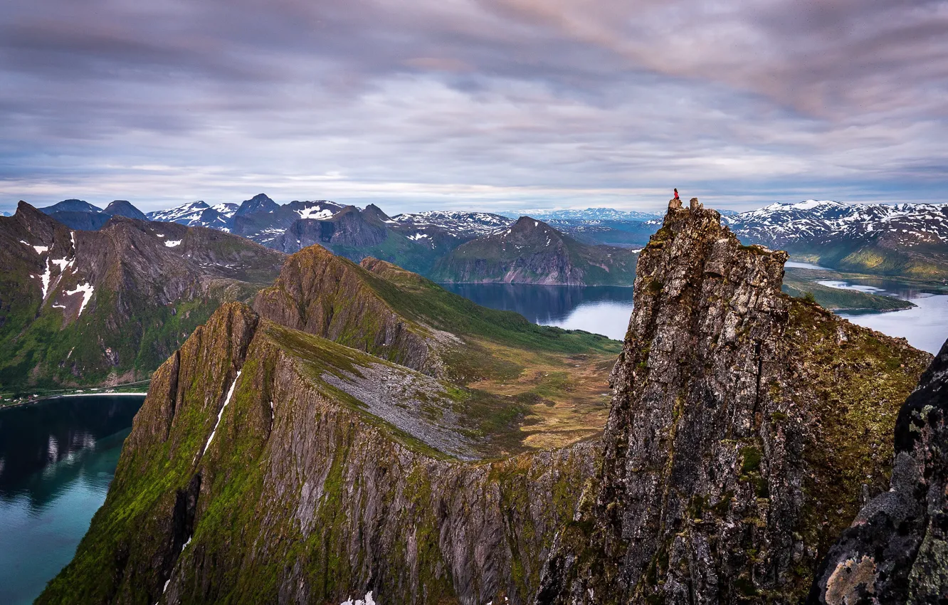 Photo wallpaper girl, mountains, rocks, Norway, panorama, the fjord, Husfjellet, Steinfjorden