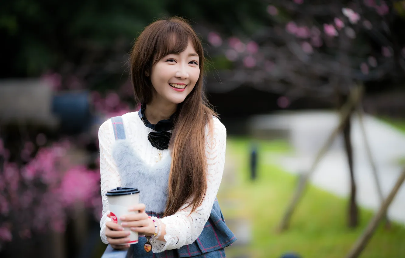 Photo wallpaper girl, smile, Asian, cutie, bokeh