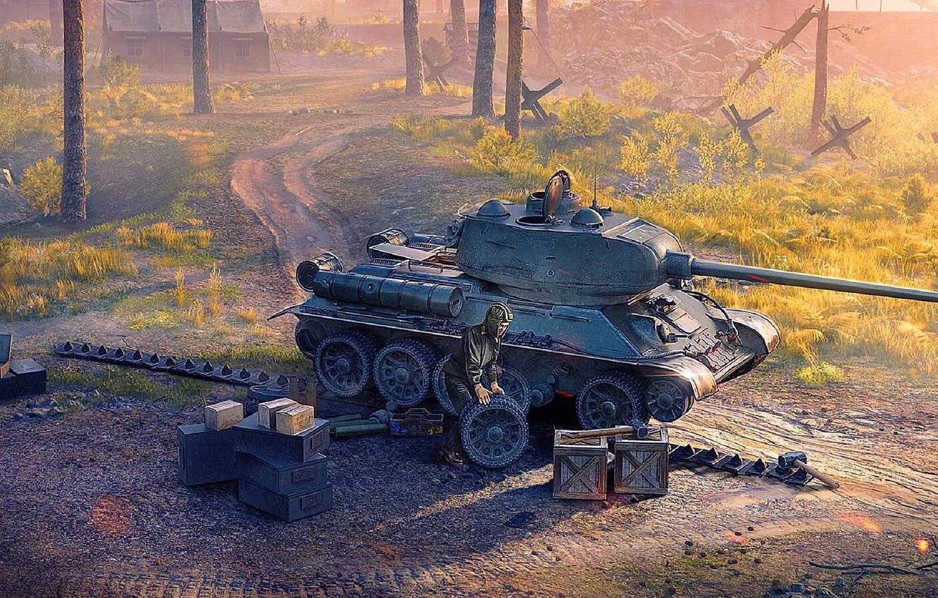 Photo wallpaper dawn, tank, game, repair, WoT, World of Tanks, World Of Tanks, T-34-85