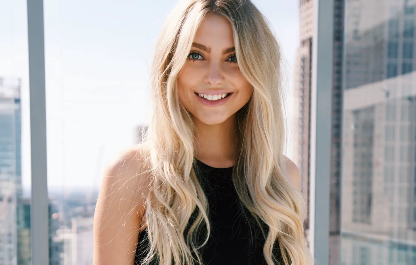 Photo wallpaper girl, blouse, green eyes, long hair, smile, beautiful, pretty, lips