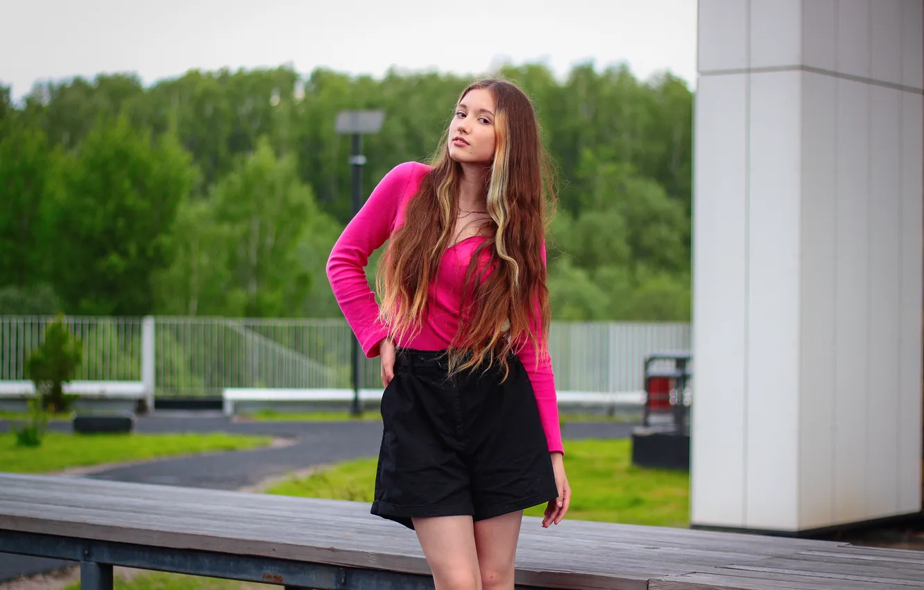 Photo wallpaper girl, shorts, young, model, pretty, posing, long-haired
