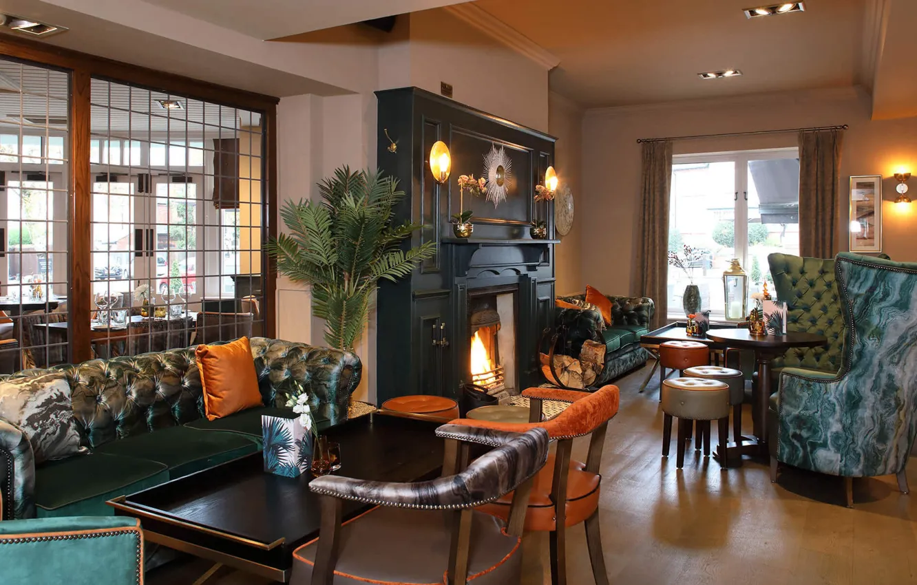 Photo wallpaper design, style, London, interior, restaurant, fireplace, living room, Great Britain