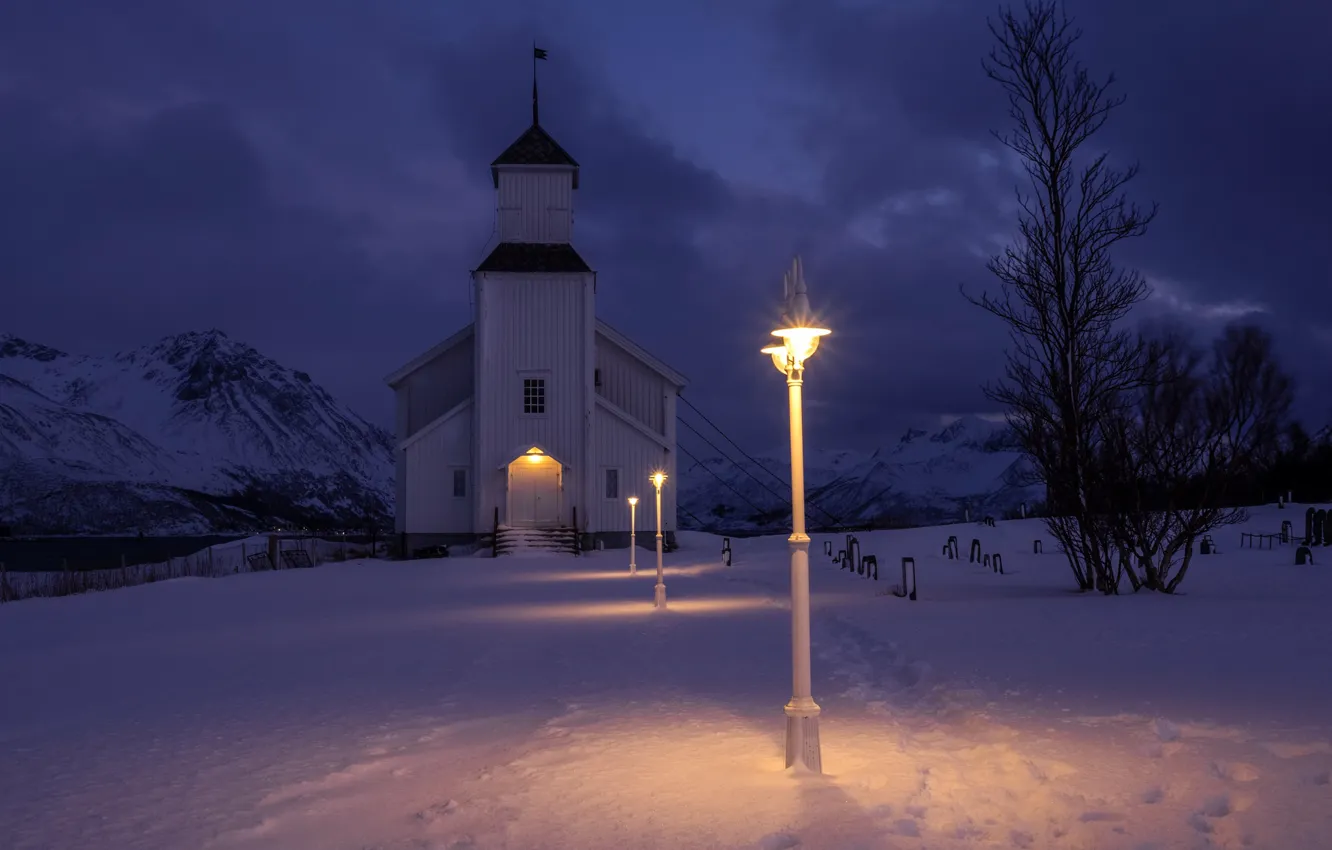 Photo wallpaper winter, snow, night, lights, Norway, lights, Church, Iimaa