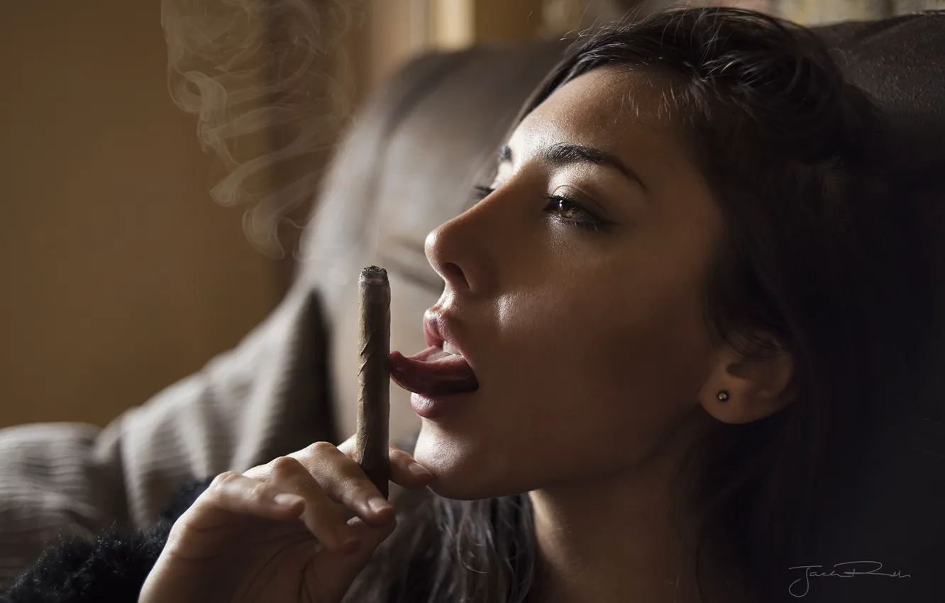 Photo wallpaper girl, cigar, Jack Russell