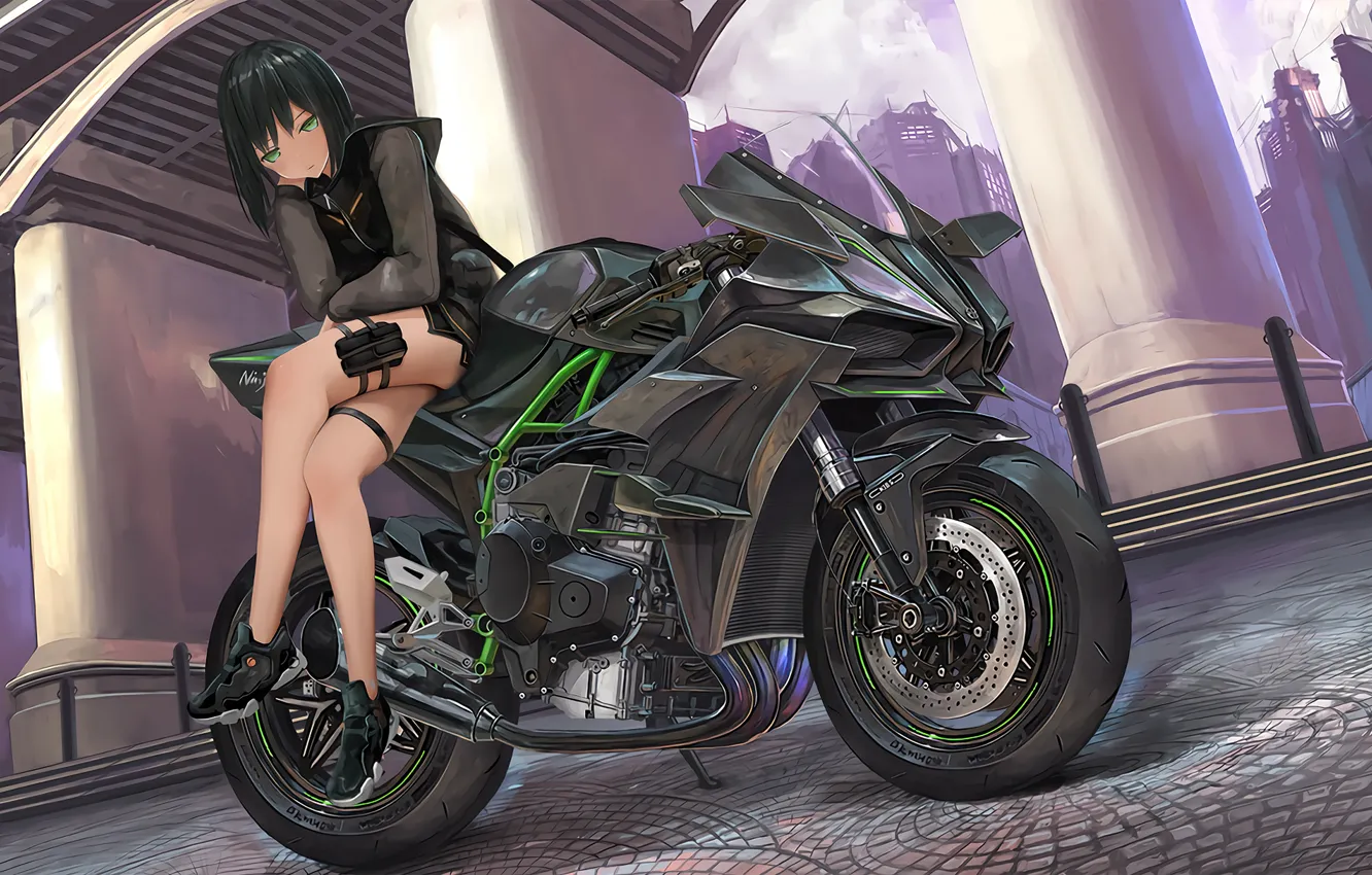 Photo wallpaper girl, brunette, motorcycle, columns, girl, bike, legs, Kawasaki