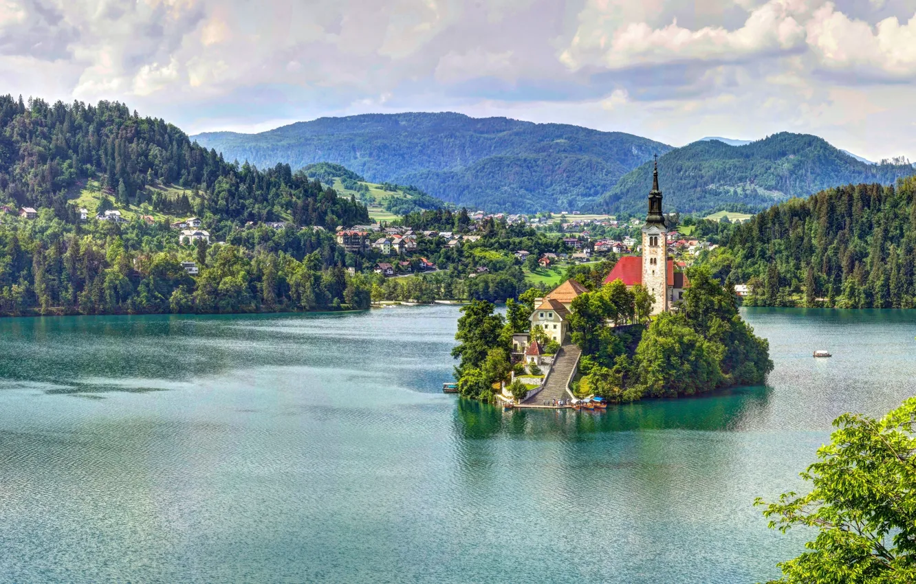 Photo wallpaper mountains, lake, island, Church, Slovenia, Lake Bled, Slovenia, Lake bled