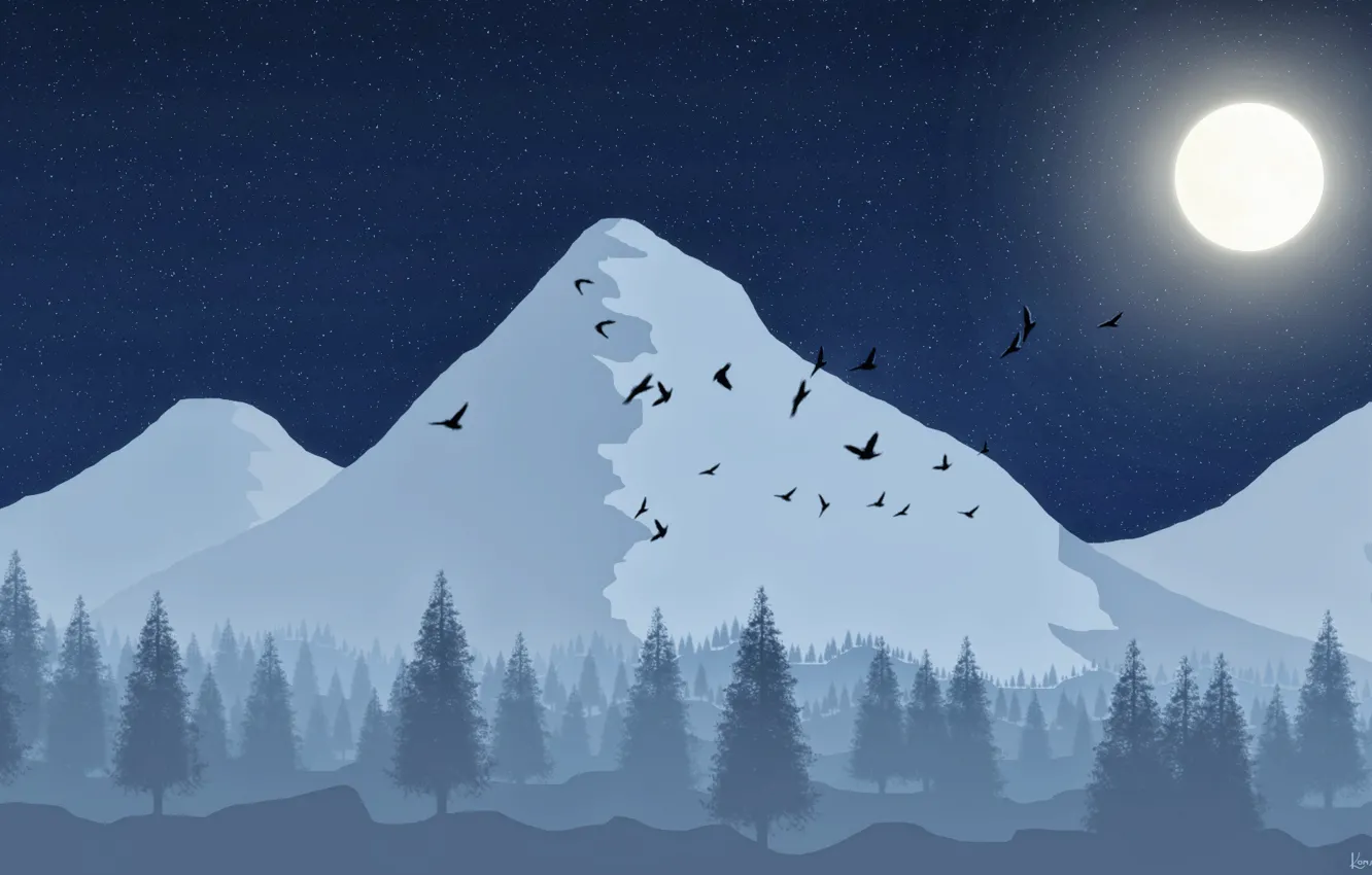 Photo wallpaper forest, the sky, stars, mountains, birds, the moon, tree, moon