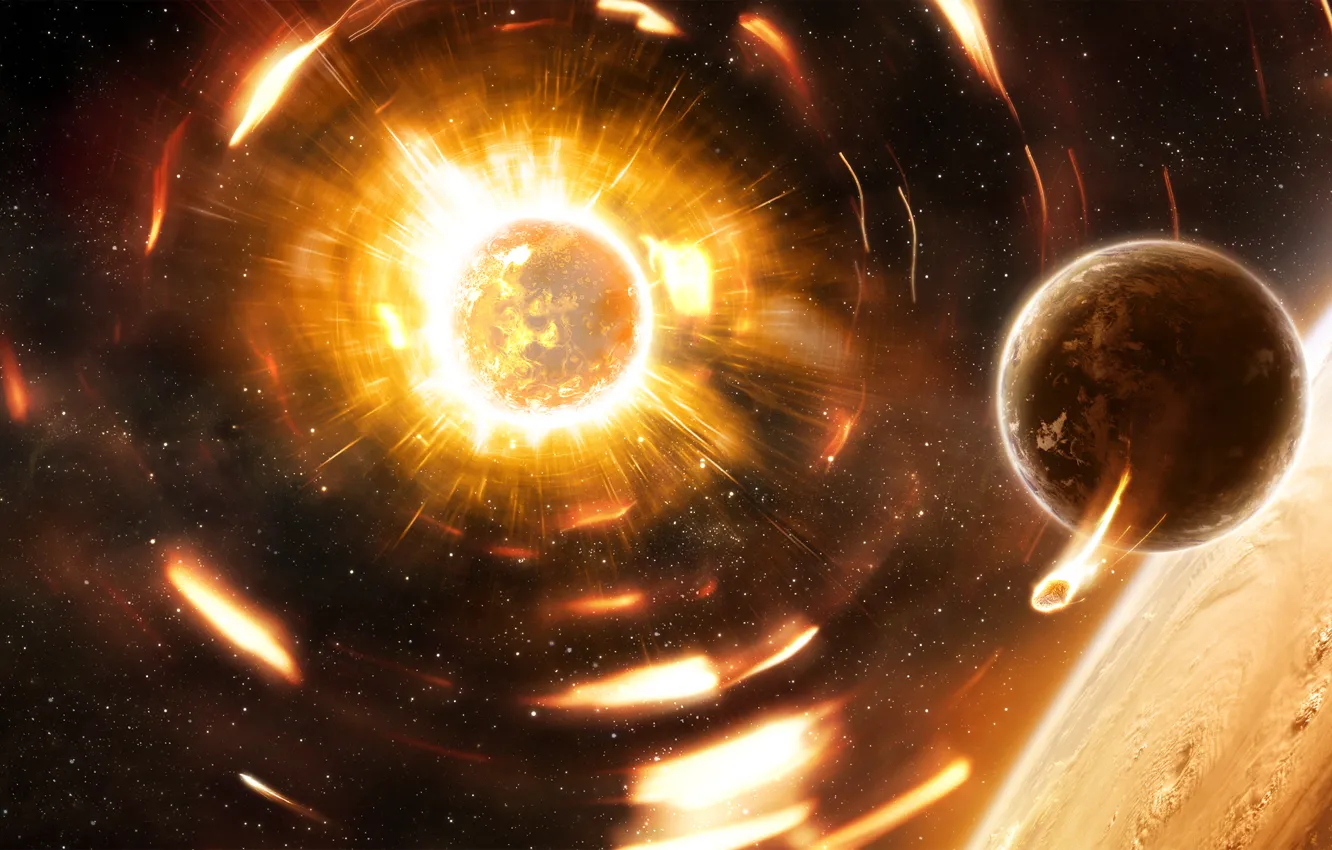 Photo wallpaper flame, planet, space, yellow, planets