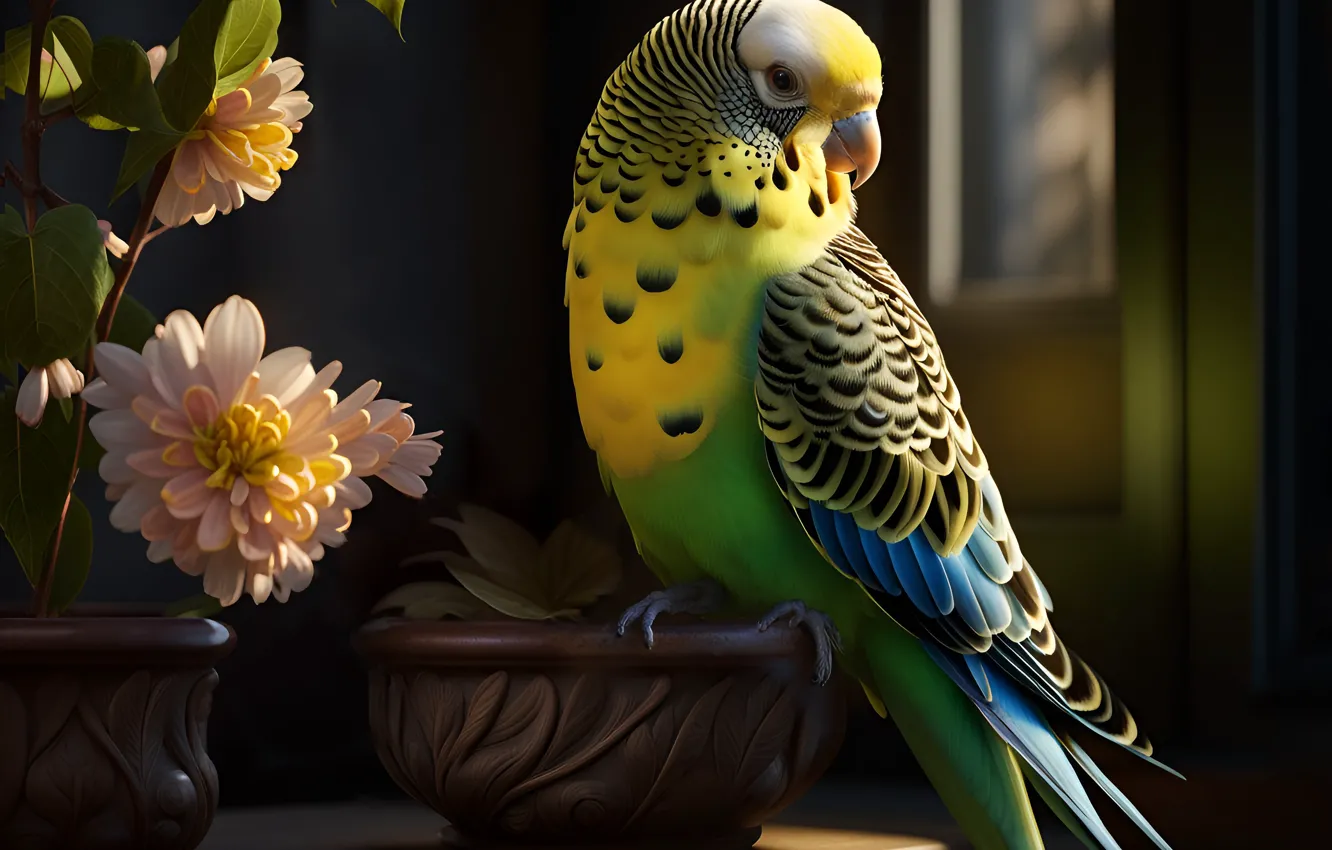 Photo wallpaper flowers, art, parrot, wavy