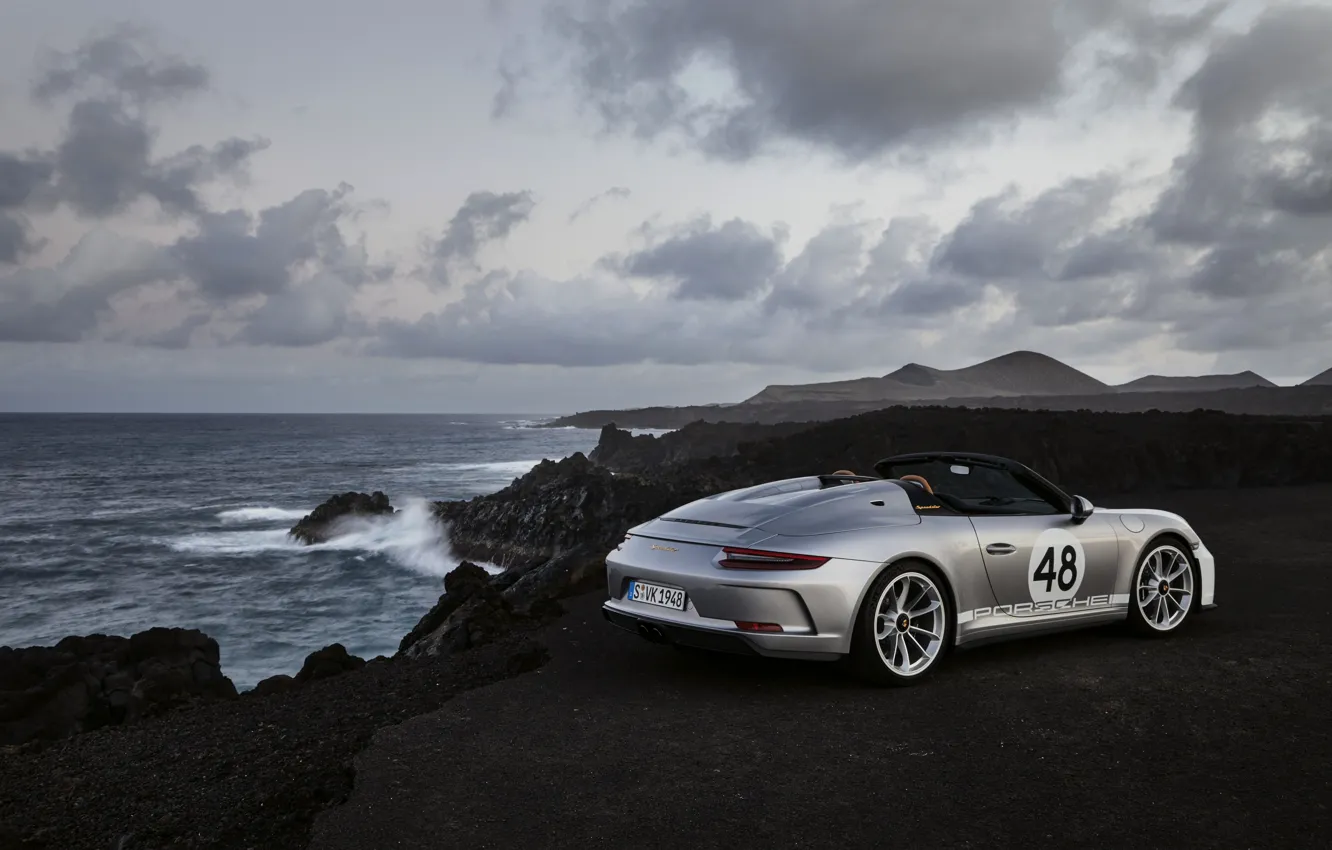 Photo wallpaper sea, rocks, 911, Porsche, Speedster, 991, 2019, gray-silver
