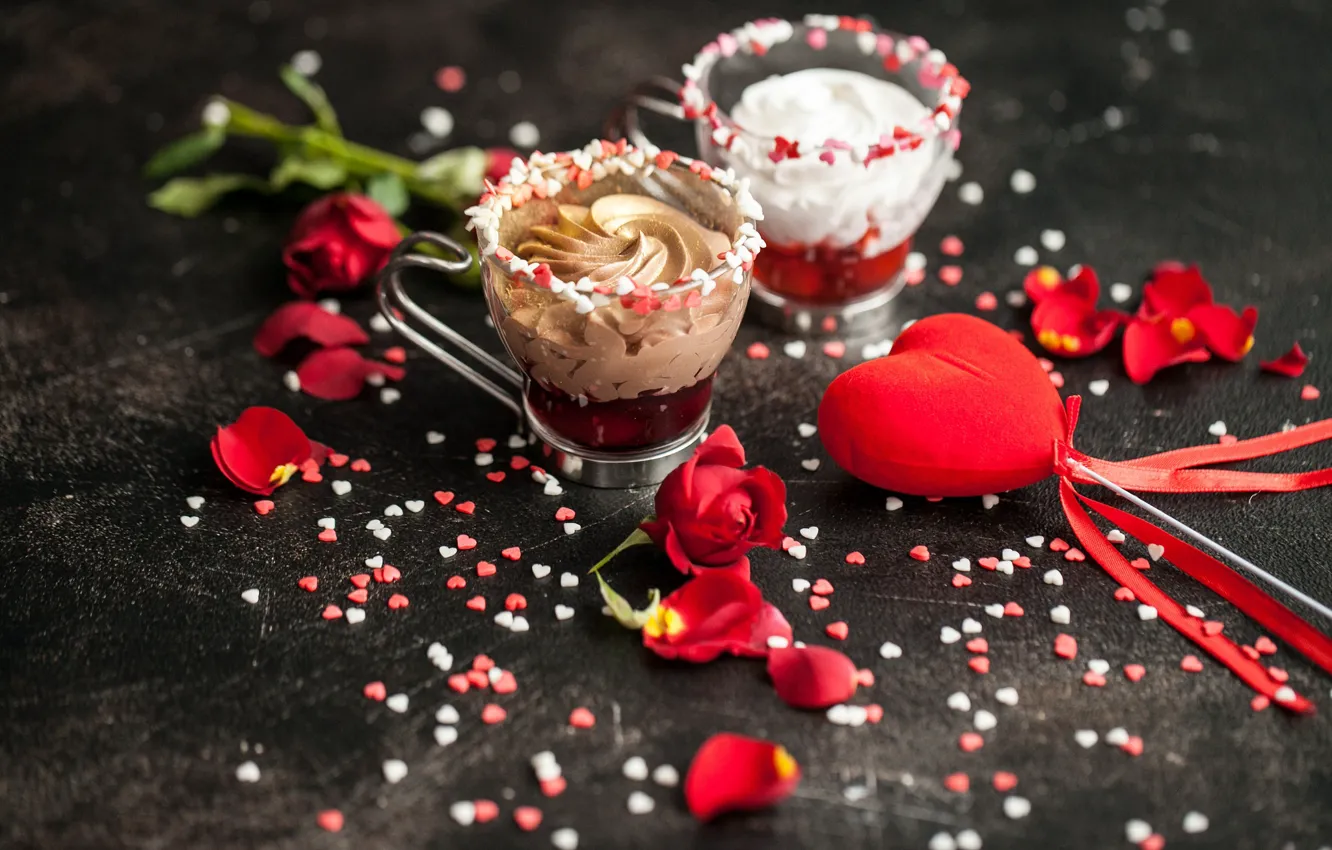 Photo wallpaper Heart, Roses, Holiday, Dessert, Valentine's day