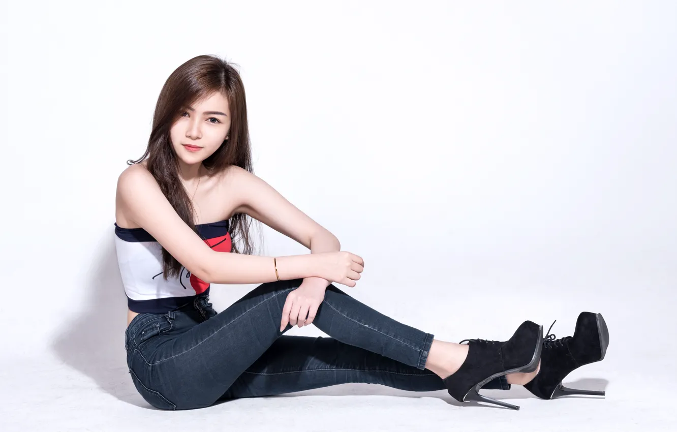 Photo wallpaper look, jeans, shoes, studs, Asian, sitting