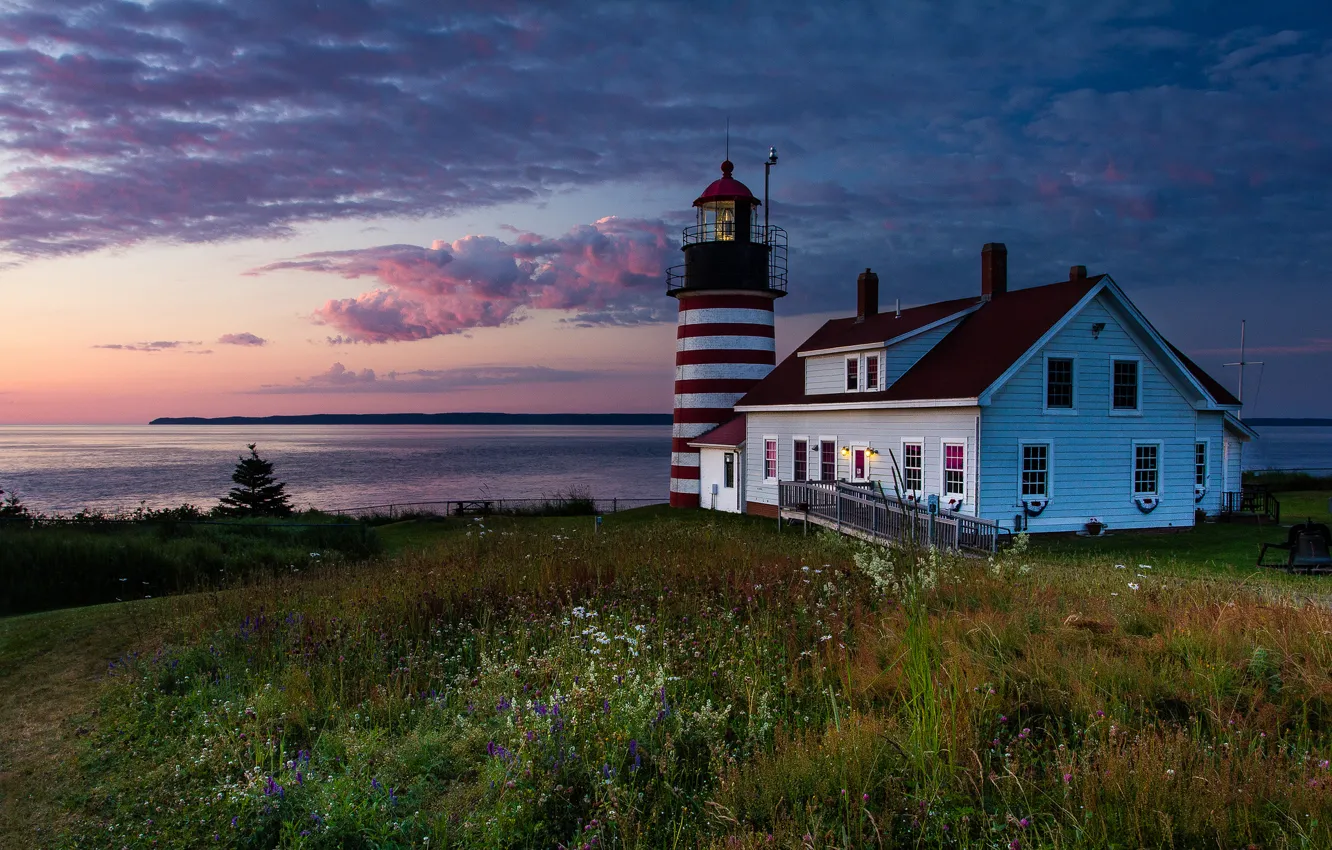 Photo wallpaper the sky, grass, house, lighthouse, morning, USA, United States, state
