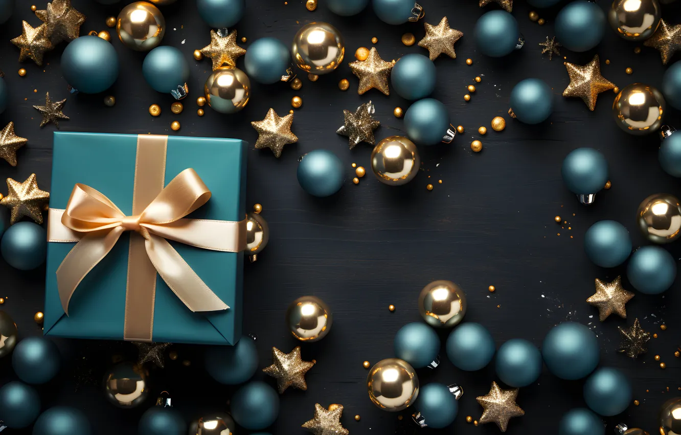 Photo wallpaper decoration, the dark background, gift, balls, new year, Christmas, dark, golden