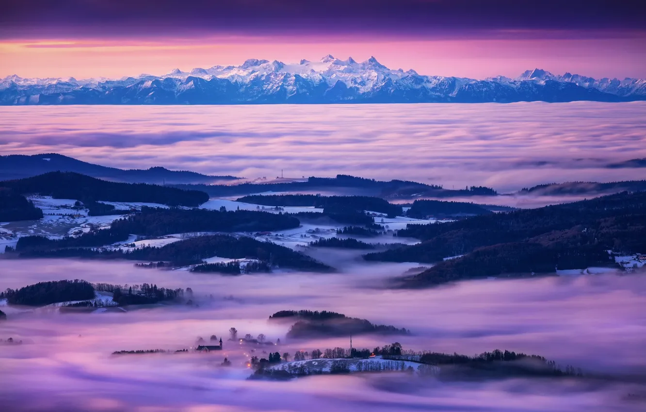 Photo wallpaper the sky, mountains, fog, morning, valley