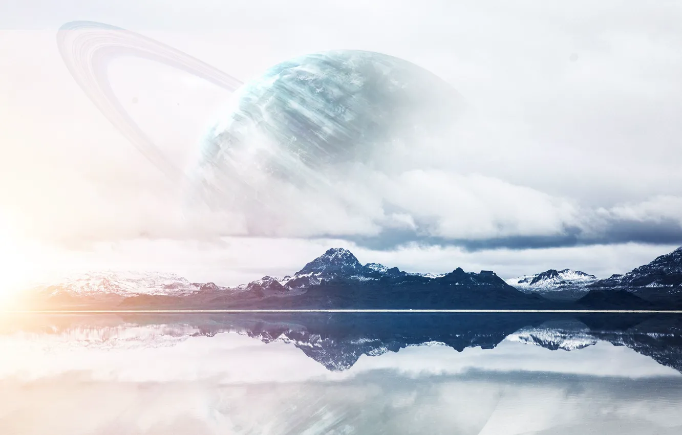 Photo wallpaper mountains, lake, reflection, fiction, view, planet, art, art