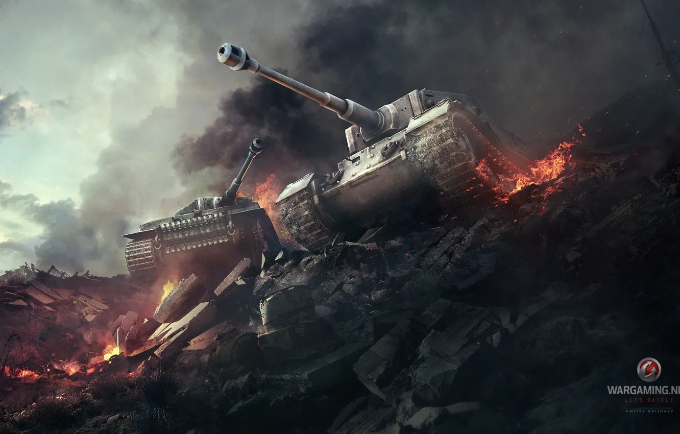 Photo wallpaper flame, war, smoke, Tiger, Tiger, tanks, World of tanks, WoT