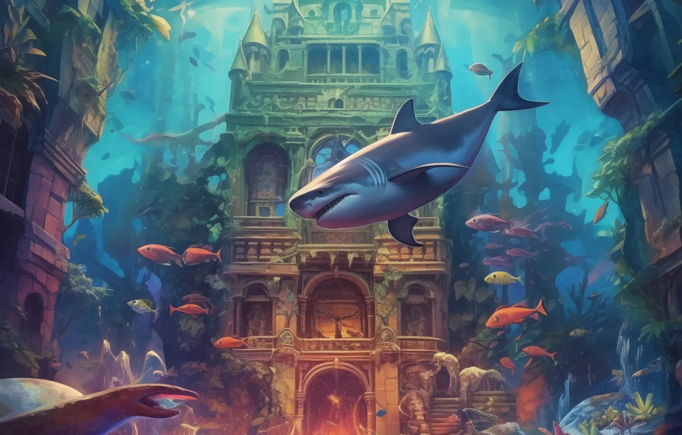 Photo wallpaper building, fish, predator, shark, underwater world, digital art, AI art, The Art of Artificial Intelligence