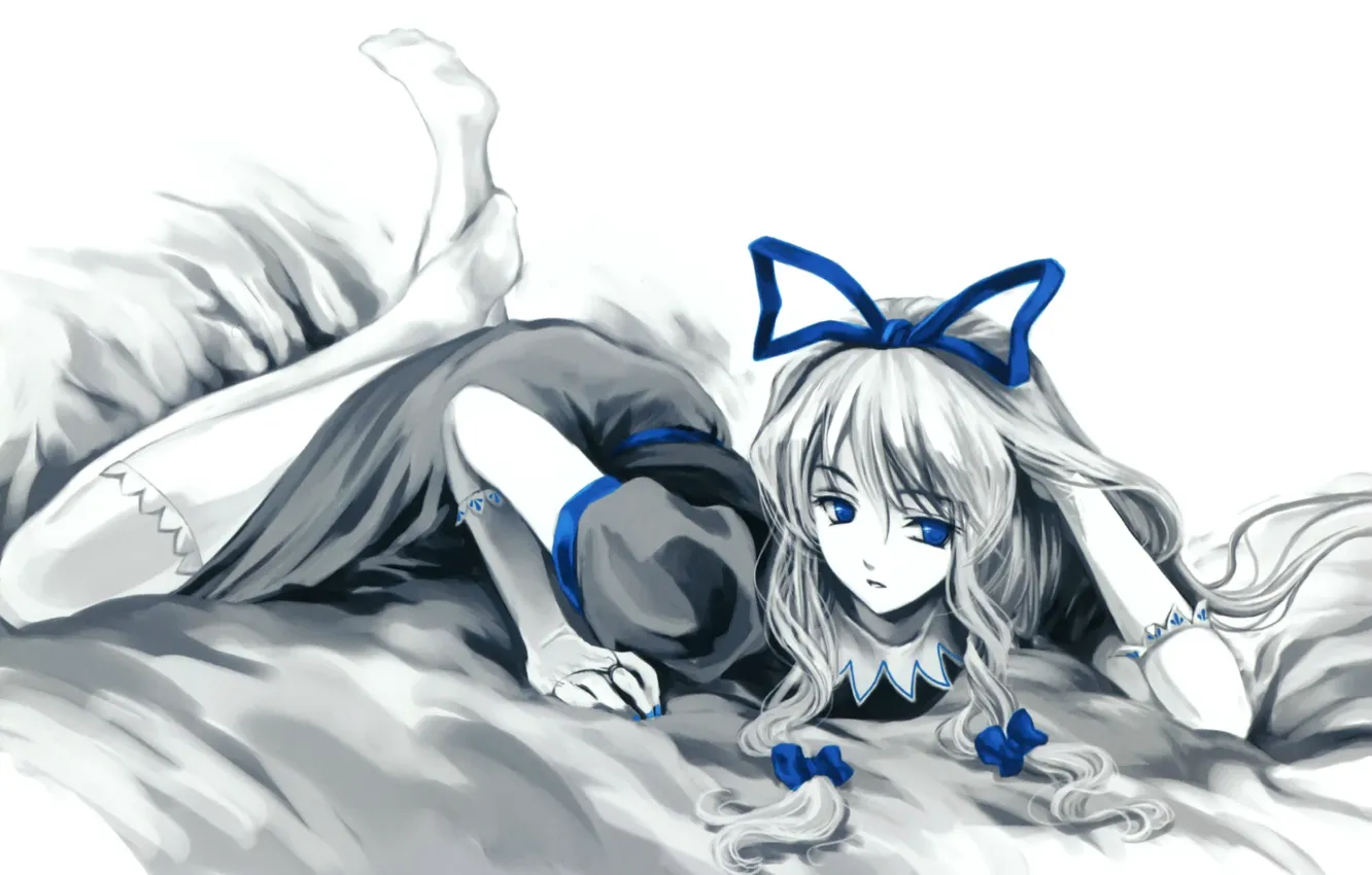 Photo wallpaper white background, knee, blue eyes, bow, touhou, Touhou Project, lying on the bed, Project East