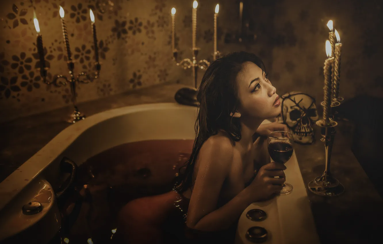 Photo wallpaper skull, candles, bath, Asian, candle holder, a glass of wine
